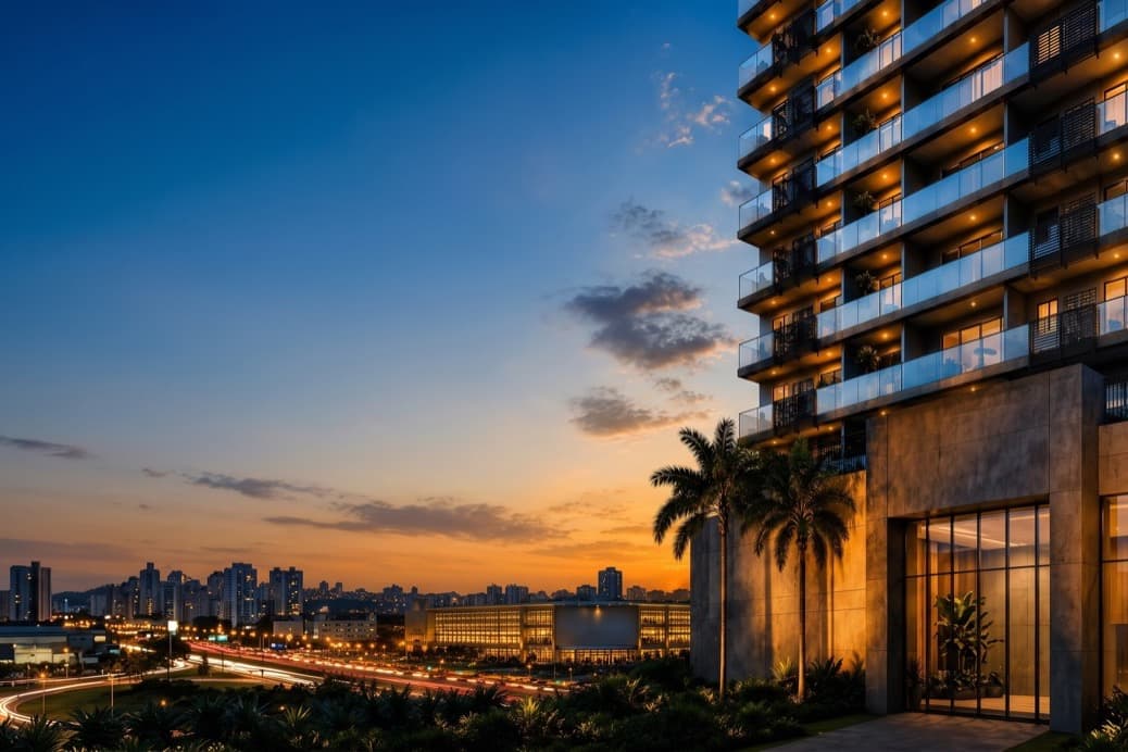 Fachada iluminada da torre do Linea CTV ao entardecer, com vista para a cidade